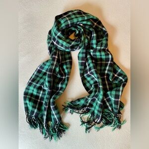 Green, Black & White Plaid Fringe Scarf